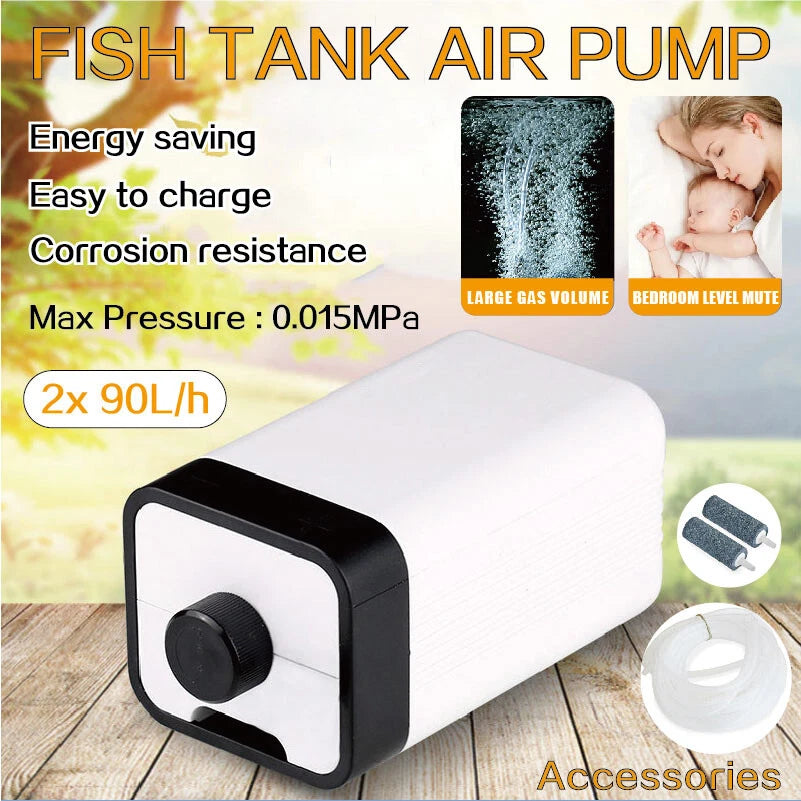 Aquarium Oxygen Pump | Aqua Fish Tank Pond Air Bubble | Disk Stone Aerator 2 Outlets | 15hPa pressure output | Suitable for Freshwater & Saltwater Aquariums