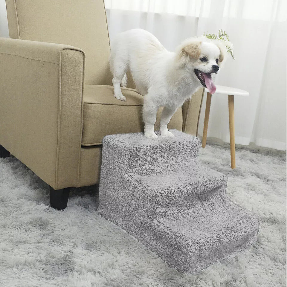 Pet Stairs 3 Steps Easy Assemble | Portable Cat Dog Ladder w/ Cover | Step Ramp Climb For Pup Play