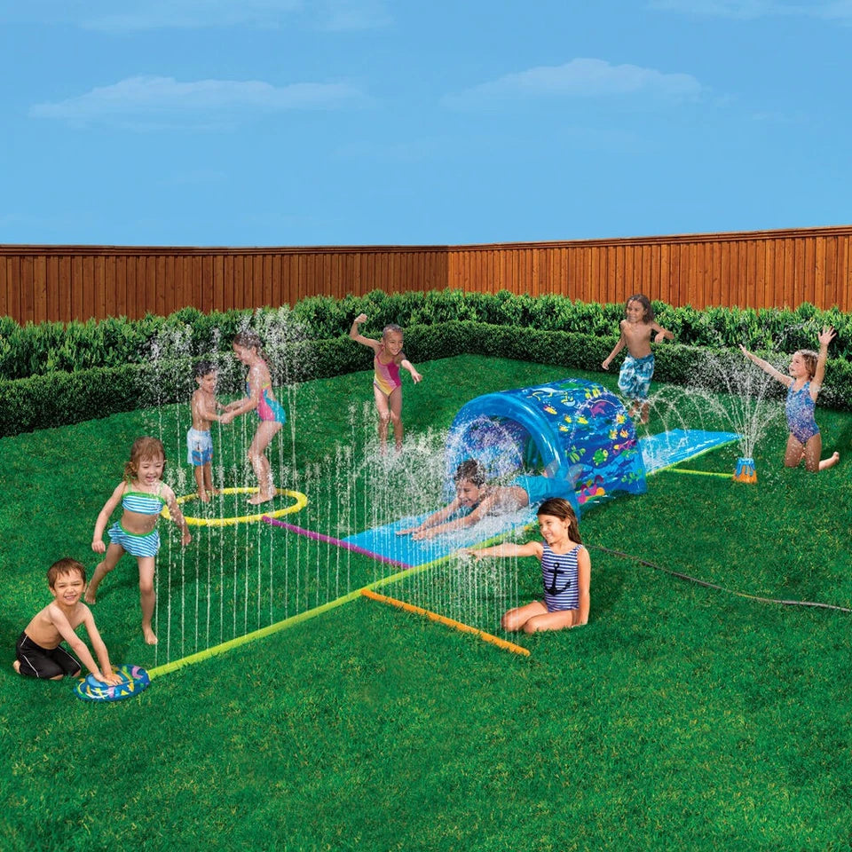 Splash 'N Slide Inflatable Sprinkler | Water Volcano Slide | Surprise Blast Function | Six Sprinkler Activities