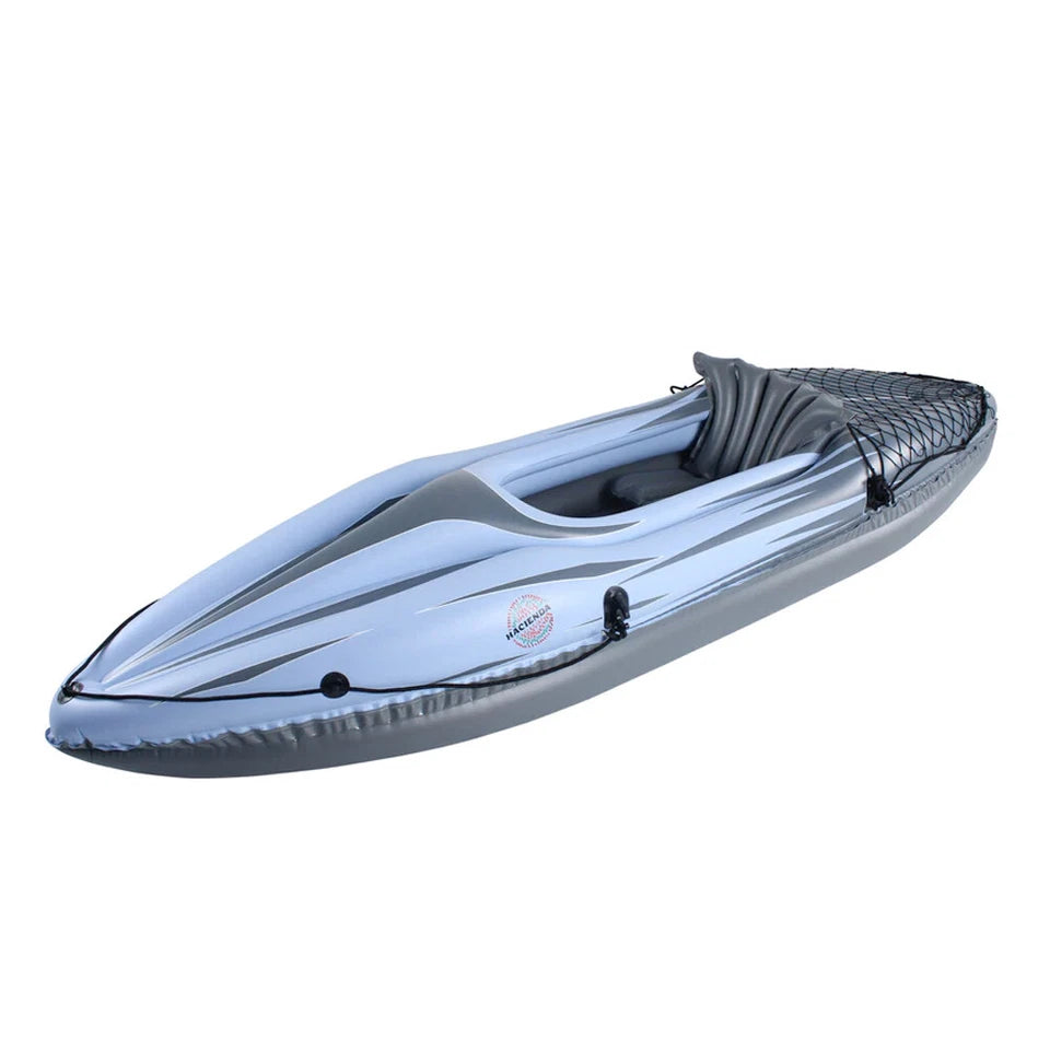 Inflatable Kayak 274cm Long | Single Seat Hacienda Blow Up Kayak | Aluminum Oar & Pump incl | Equipped with Cargo Net for Extra Storage |