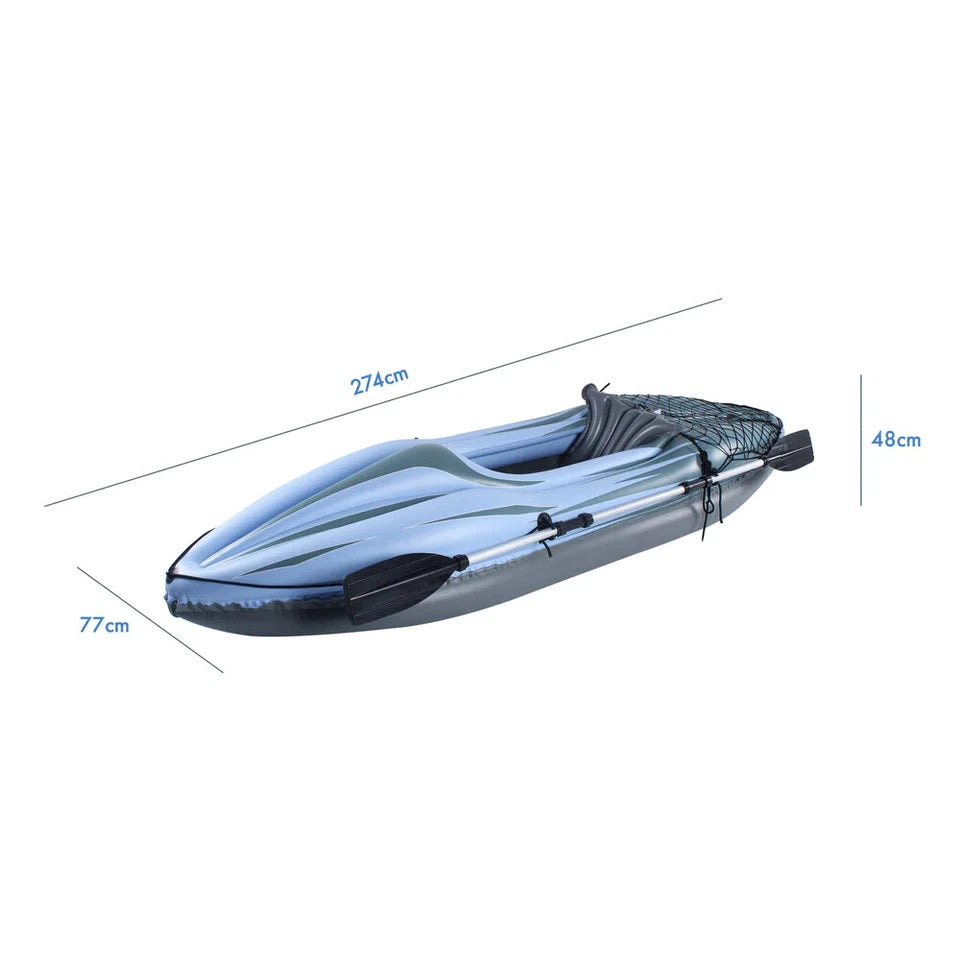 Inflatable Kayak 274cm Long | Single Seat Hacienda Blow Up Kayak | Aluminum Oar & Pump incl | Equipped with Cargo Net for Extra Storage |
