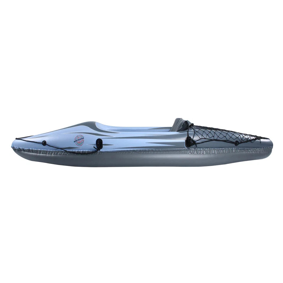 Inflatable Kayak 274cm Long | Single Seat Hacienda Blow Up Kayak | Aluminum Oar & Pump incl | Equipped with Cargo Net for Extra Storage |