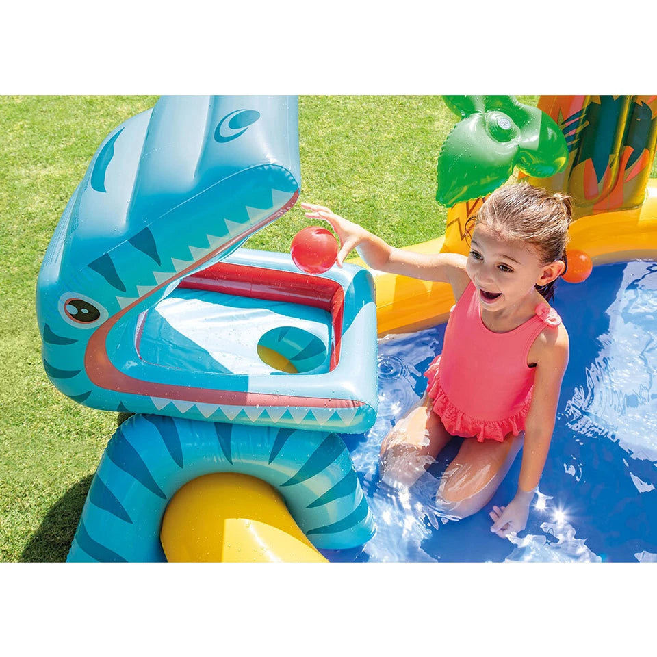 Intex Dinosaur Inflatable Swimming Pool | Size 249x191cm Play Centre | Suitable for Kids 3y+ | Six Colourful Balls and Volcano