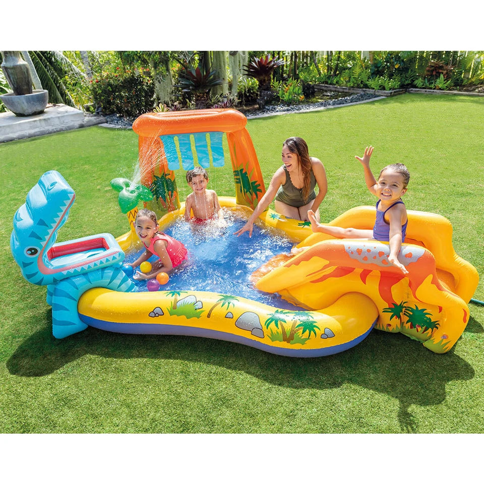 Intex Dinosaur Inflatable Swimming Pool | Size 249x191cm Play Centre | Suitable for Kids 3y+ | Six Colourful Balls and Volcano