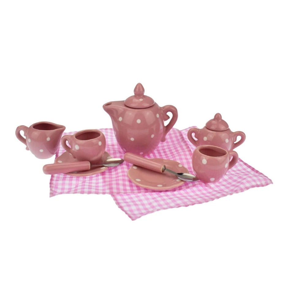 Kaper Kidz Pink Polka Dot Porcelain Tea Set | 13 Pcs Kids/Children Play Toy | Porcelain Tea Party Set |