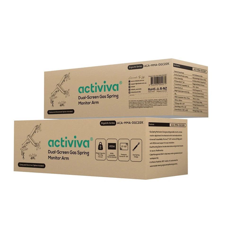 Activiva Ergolife Dual-Screen Mount | Gas Spring Monitor Arm - 17-32" Monitors | Ergonomic Design