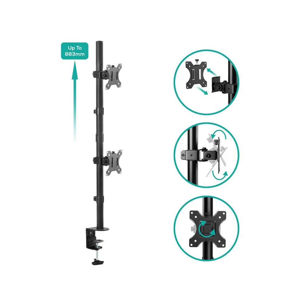 Activiva Dual-Screen Articulating Vertical Monitor Arm | Suitable for 13-22" Screens- Black | Ergonomic Work solutions