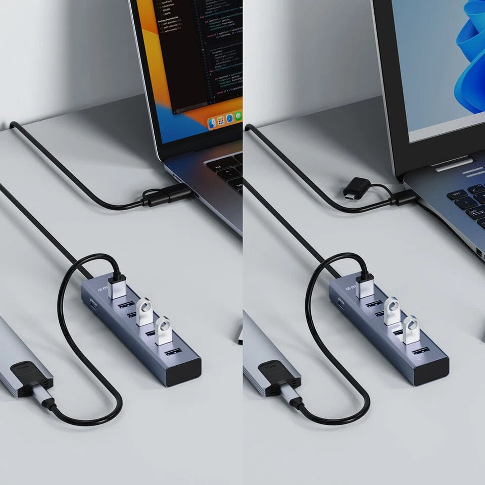 Mbeat 7-Port USB Hub | Dual USB-A & USB-C Connector Silver | 2-in-1 connector |  enabling quick charging of smartphones, tablets, and other USB devices | supporting modern and legacy devices