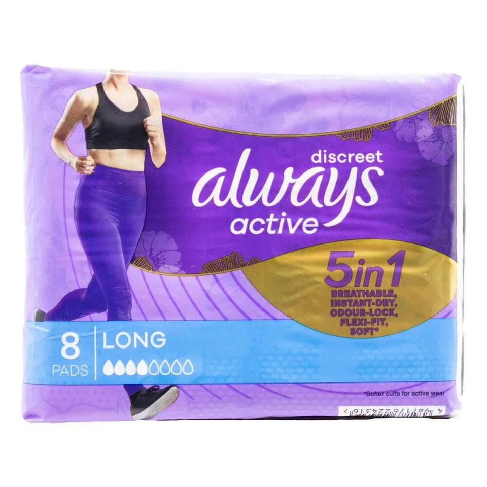96 Pack Always Menstrual Pads Long | 12x 8pc Always Discreet Soft Active Sanitary | Odorlock Technology - Neutralises odours|