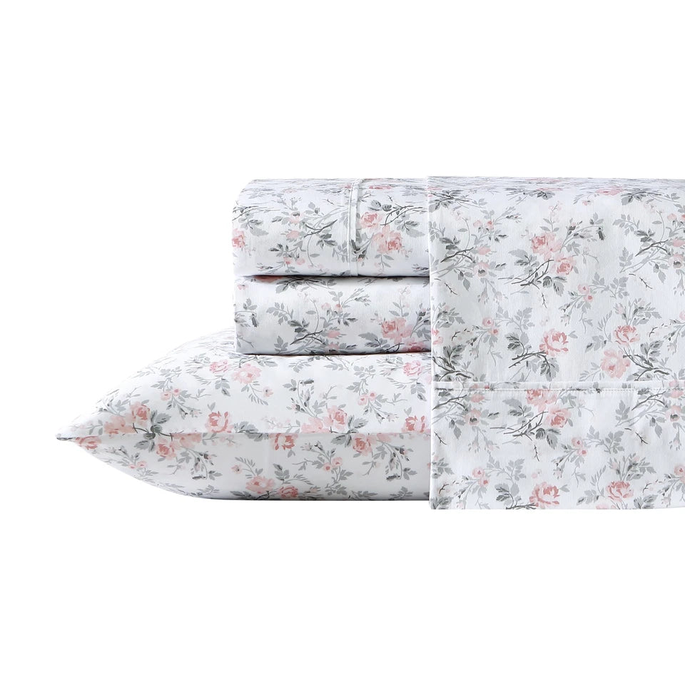 Laura Ashley Geneva Printed King Bed Size Sheet Set w/ 2x Pillowcase Blush/Grey