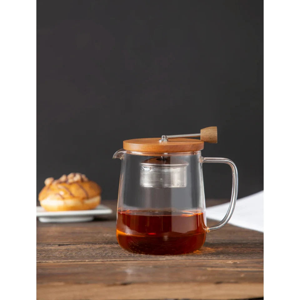 Leaf & Bean Naples Teapot with Acacia Lid & Infuser | Borosilicate Glass Jug | Stainless Steel Infuser