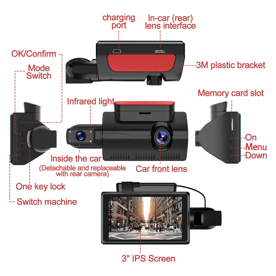 Dash Cam | 1080P Car DVR 3" Dual Lens | Incl G-sensor & Night Vision