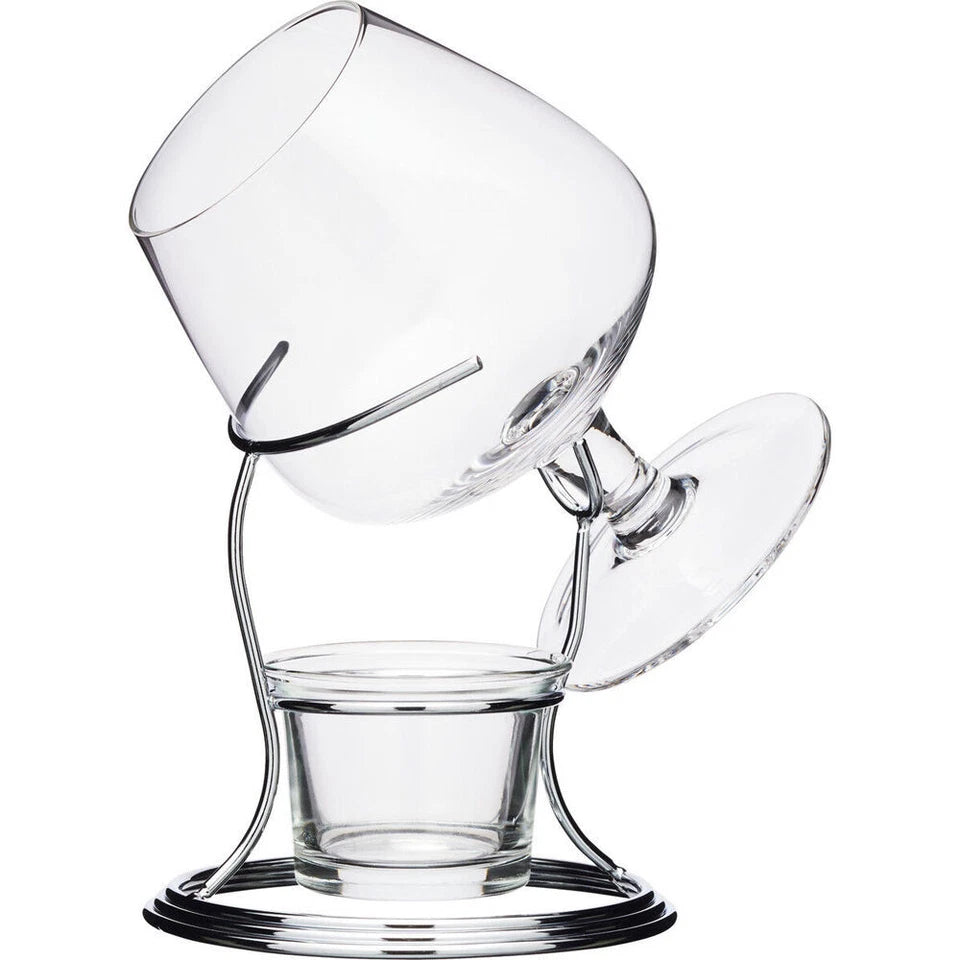 BarCraft Brandy & Cognac Chrome/Glass | 350ml Cup & Warmer Stand Set Clear | Brandy Warmer |