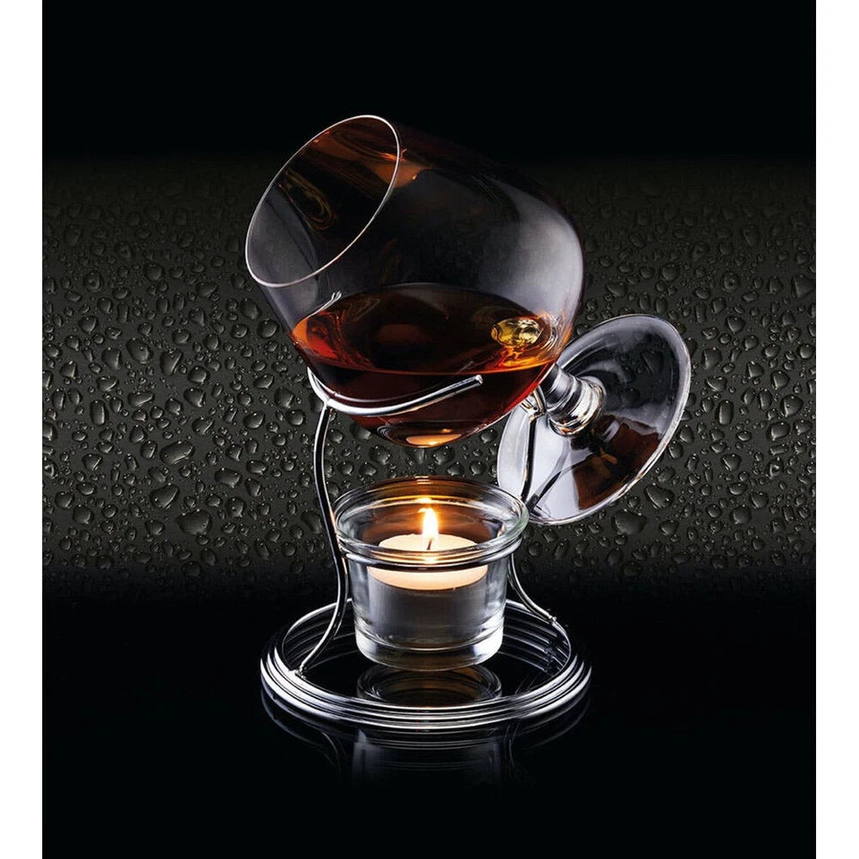 BarCraft Brandy & Cognac Chrome/Glass | 350ml Cup & Warmer Stand Set Clear | Brandy Warmer |