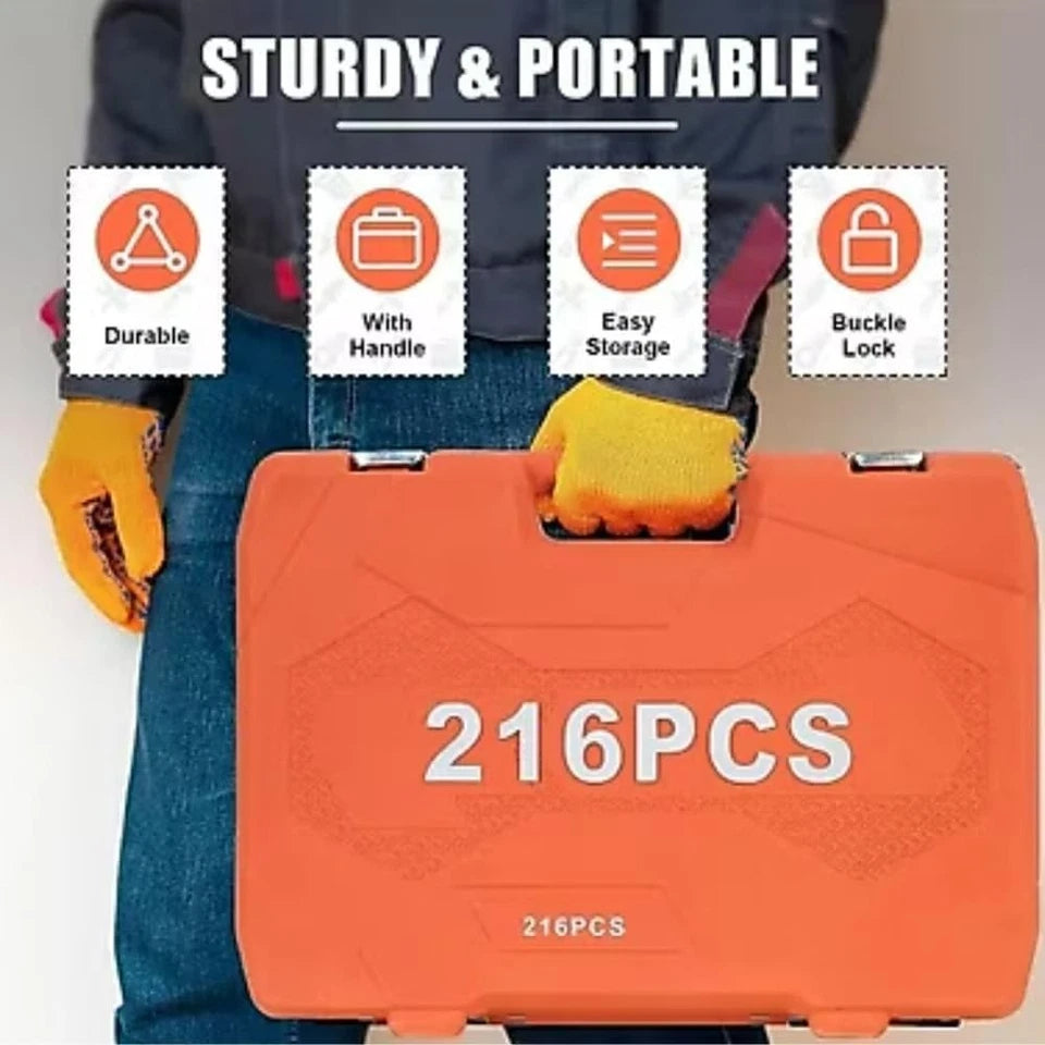 216-Piece Tool Set with Case - Mechanics Tool Kit with 1/4" & 3/8" Drive Sockets
