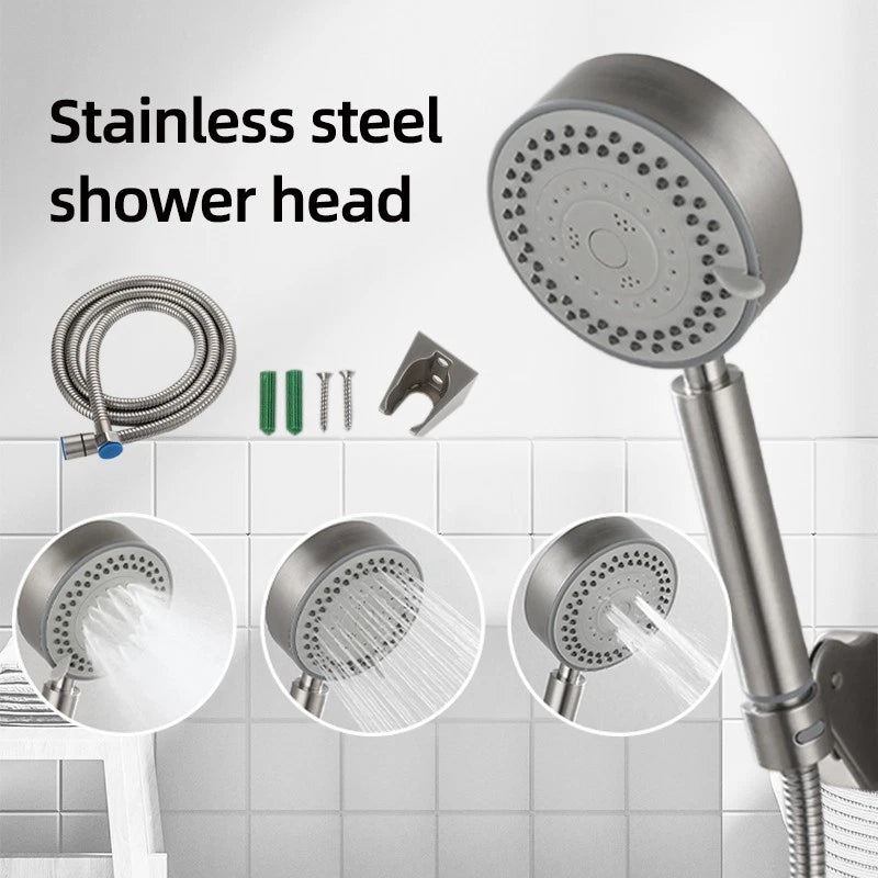 High-Pressure 5-Gear Stainless Steel Shower Head w/ 1.5m Flexible Hose