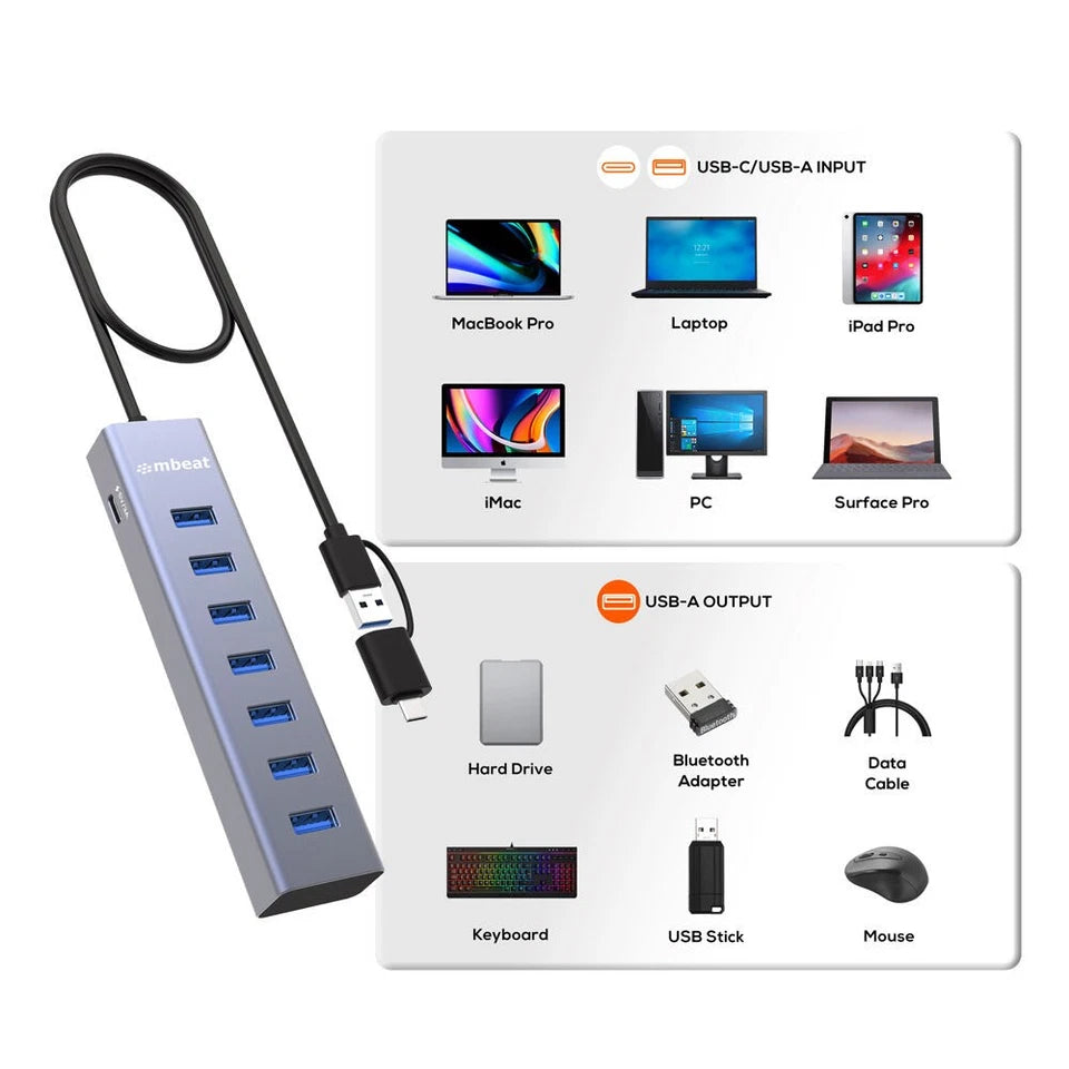 Mbeat 7-Port USB Hub | Dual USB-A & USB-C Connector Silver | 2-in-1 connector |  enabling quick charging of smartphones, tablets, and other USB devices | supporting modern and legacy devices