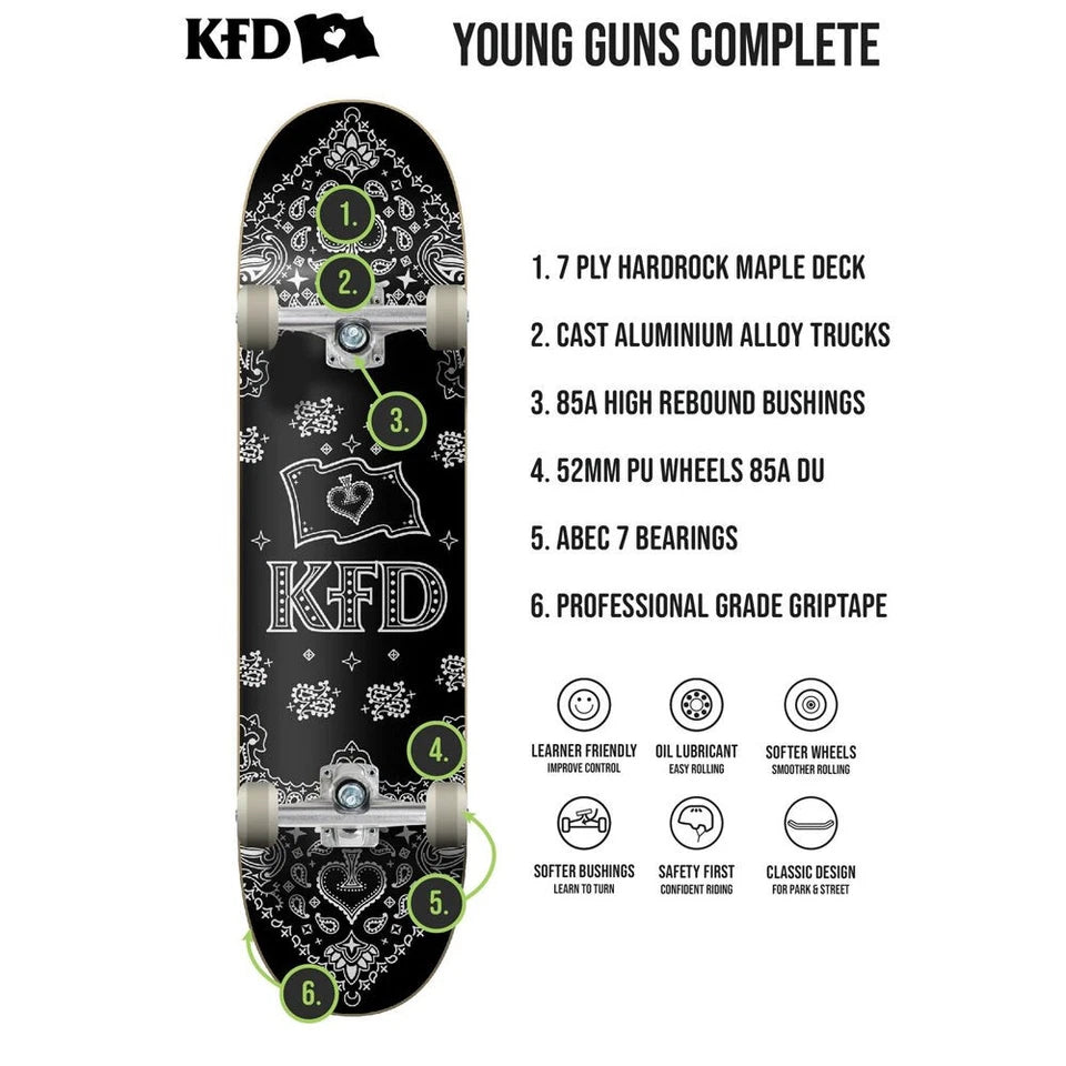 KFD Complete Outdoor Sports Beginner Skateboard Young Gunz Badge Navy 7.75in
