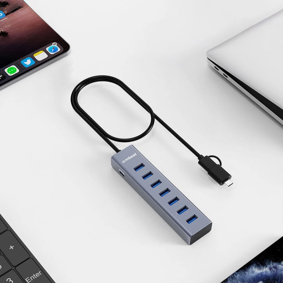 Mbeat 7-Port USB Hub | Dual USB-A & USB-C Connector Silver | 2-in-1 connector |  enabling quick charging of smartphones, tablets, and other USB devices | supporting modern and legacy devices