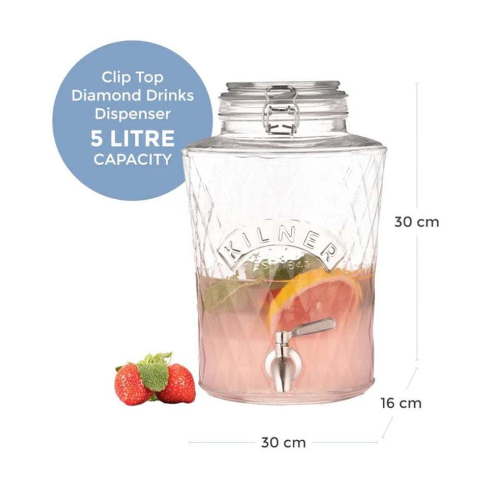 Kilner Clip Top Diamond Dispenser | Stainless Steel Tap | 5L Capacity | Chemical Free Soda Lime Construction | Stylish