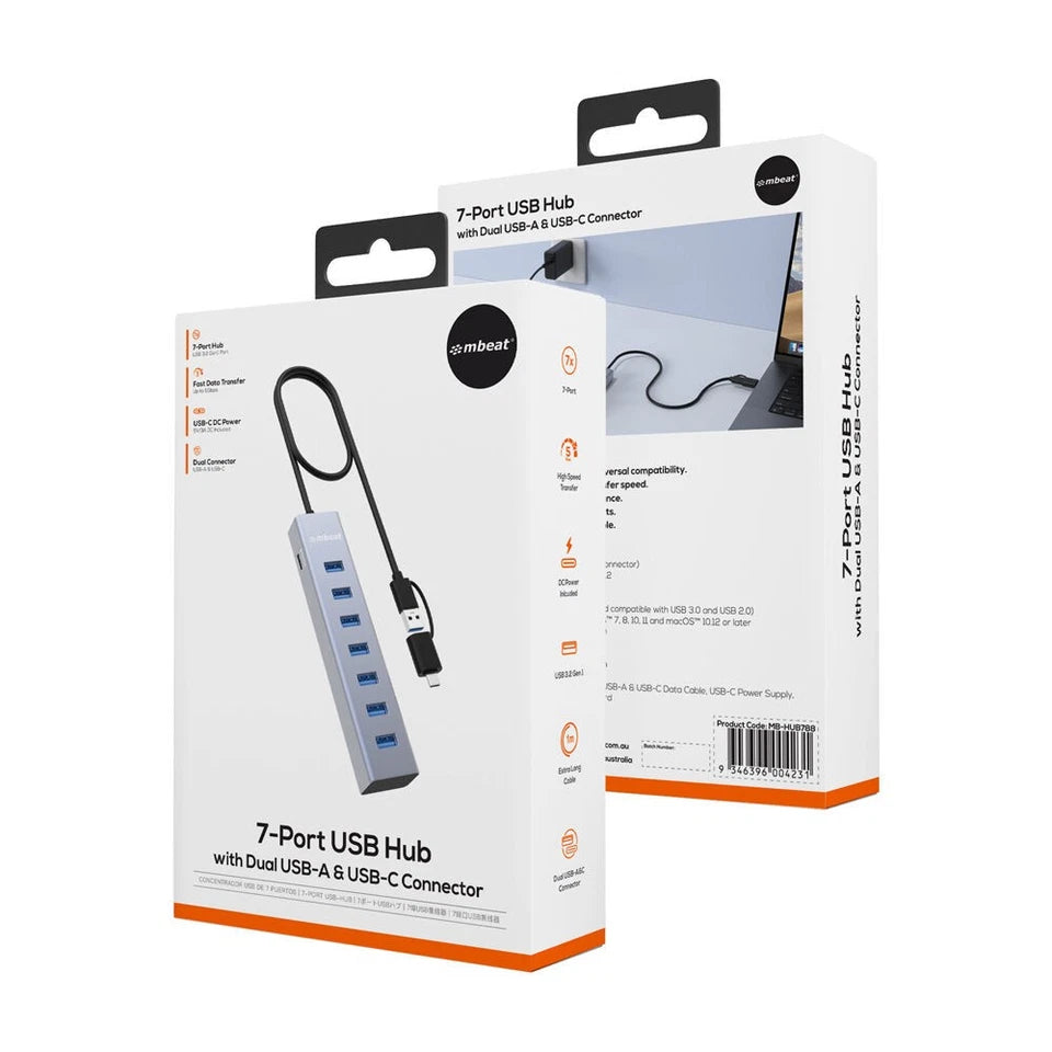Mbeat 7-Port USB Hub | Dual USB-A & USB-C Connector Silver | 2-in-1 connector |  enabling quick charging of smartphones, tablets, and other USB devices | supporting modern and legacy devices