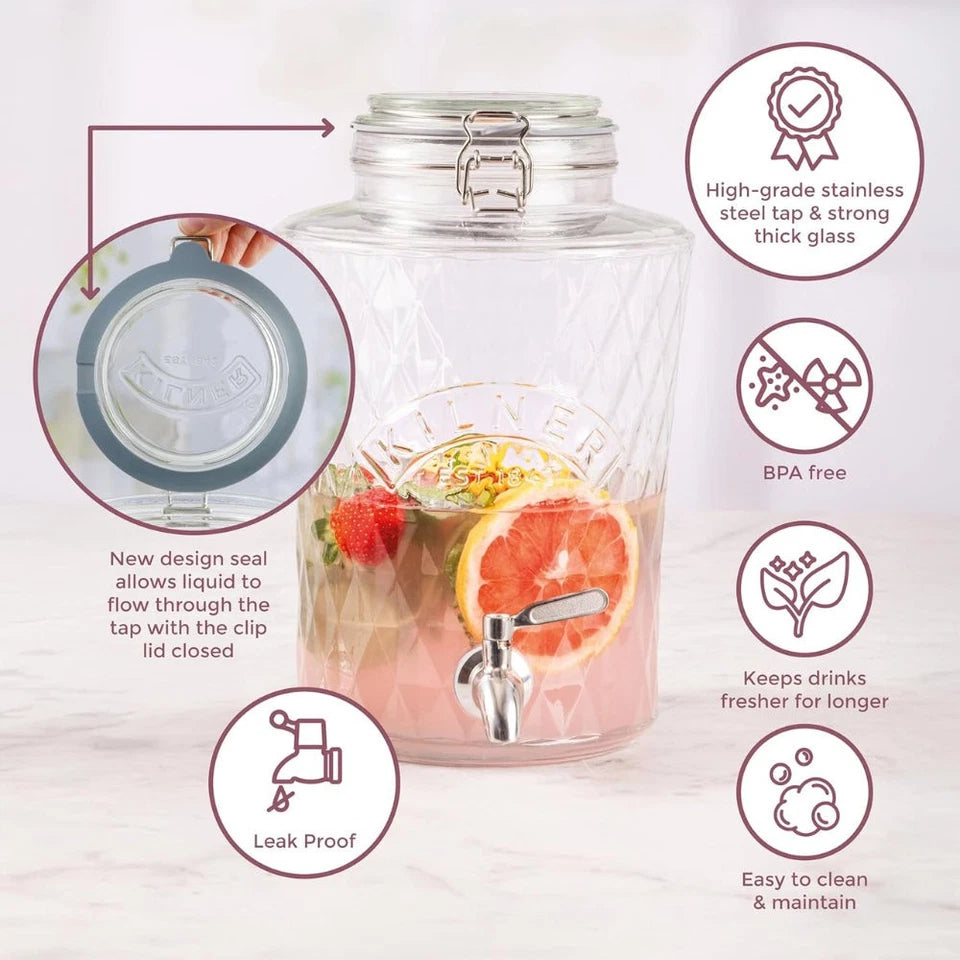 Kilner Clip Top Diamond Dispenser | Stainless Steel Tap | 5L Capacity | Chemical Free Soda Lime Construction | Stylish