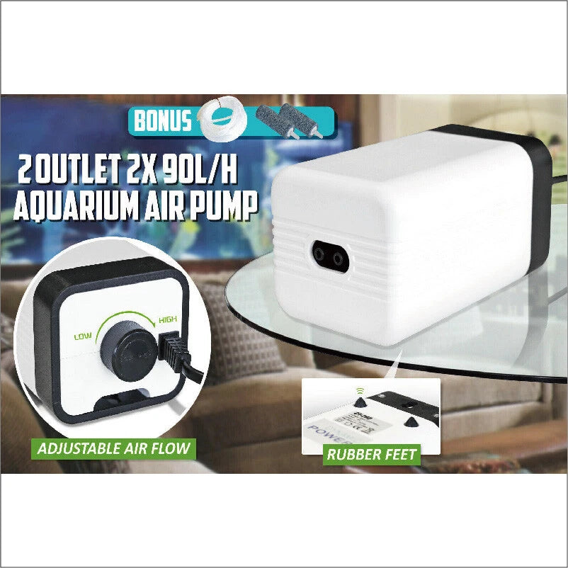 Aquarium Oxygen Pump | Aqua Fish Tank Pond Air Bubble | Disk Stone Aerator 2 Outlets | 15hPa pressure output | Suitable for Freshwater & Saltwater Aquariums
