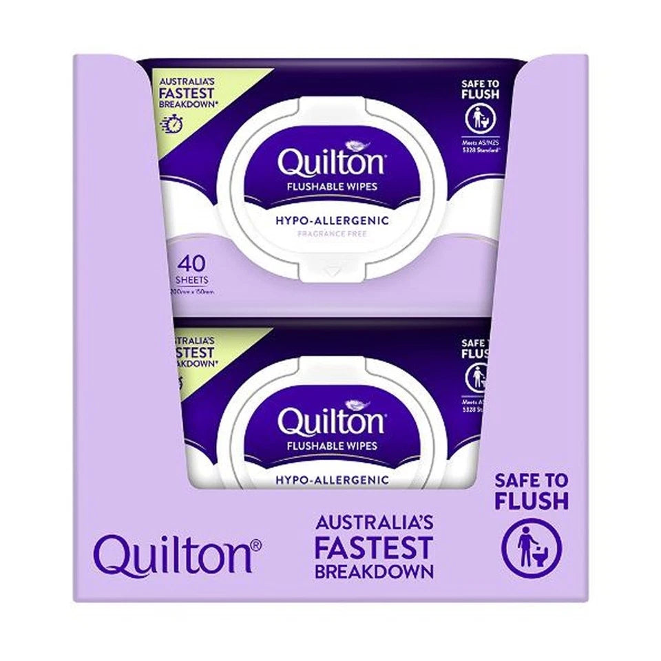 Quilton Flushable Wet Wipes 12x 40pc | Hypo-Allergenic Fragrance Free 20x15cm