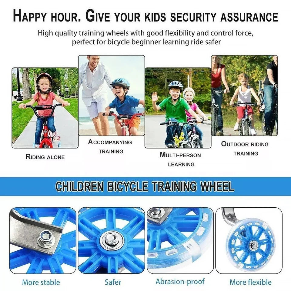 12-20 Inch Kids Bike Training Wheels | Silent Flashing PVC Stabilizer Auxiliary | Black