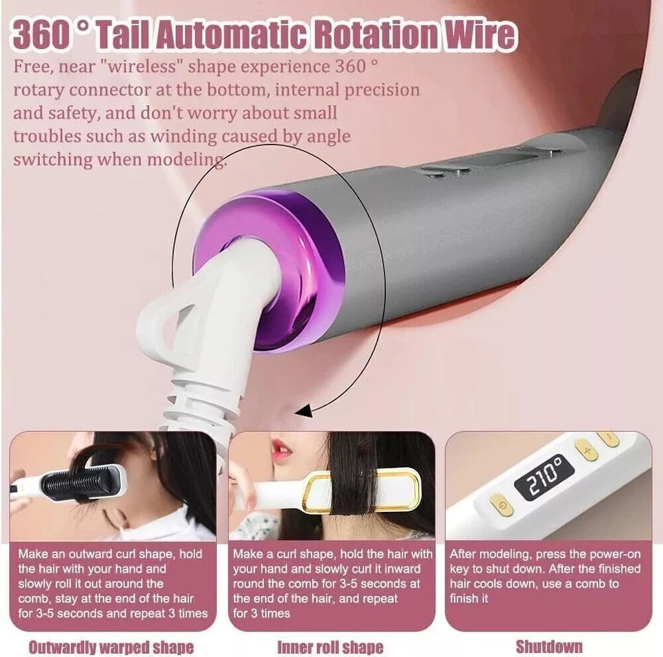2 In1 Negative-ion Hair Straightener Brush | Curling Salon Styling Comb Ceramic | Purple
