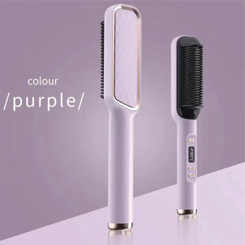 2 In1 Negative-ion Hair Straightener Brush | Curling Salon Styling Comb Ceramic | Purple