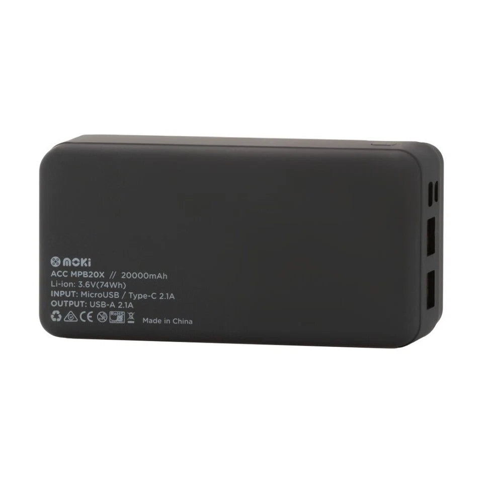 Moki Portable Travel Power Bank USB-C/USB-A Compact Black 20000mAh