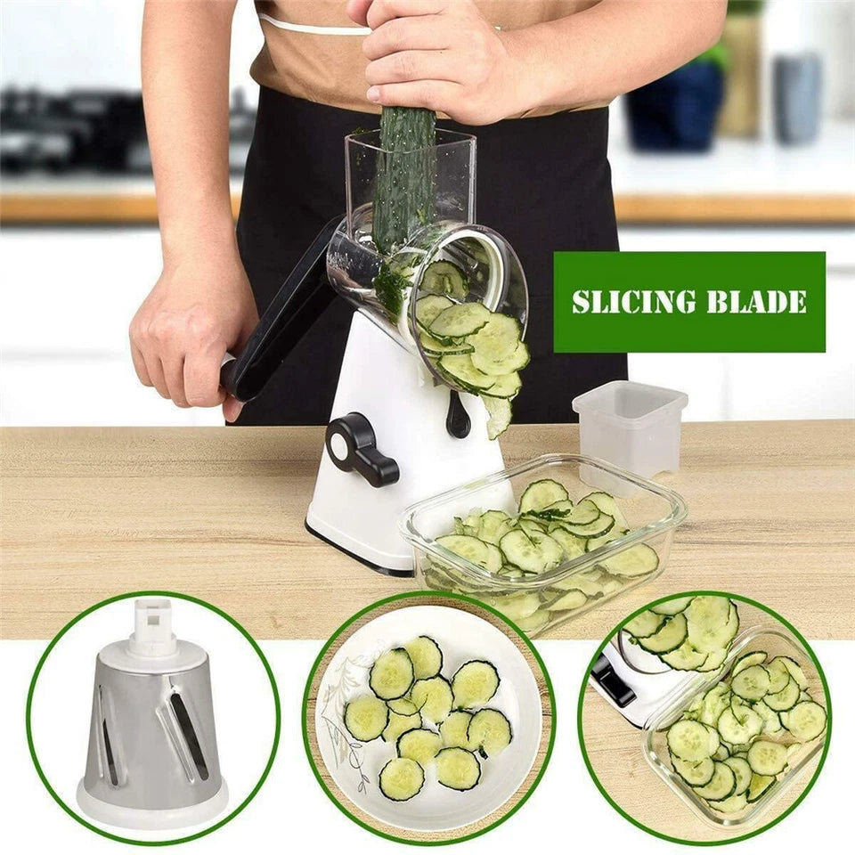 Kitchen Vegetable Food Slicer | Manual Rotary Drum Grater Chopper Slicer Fruit Cutter | Three Drum Blade | Safe Design