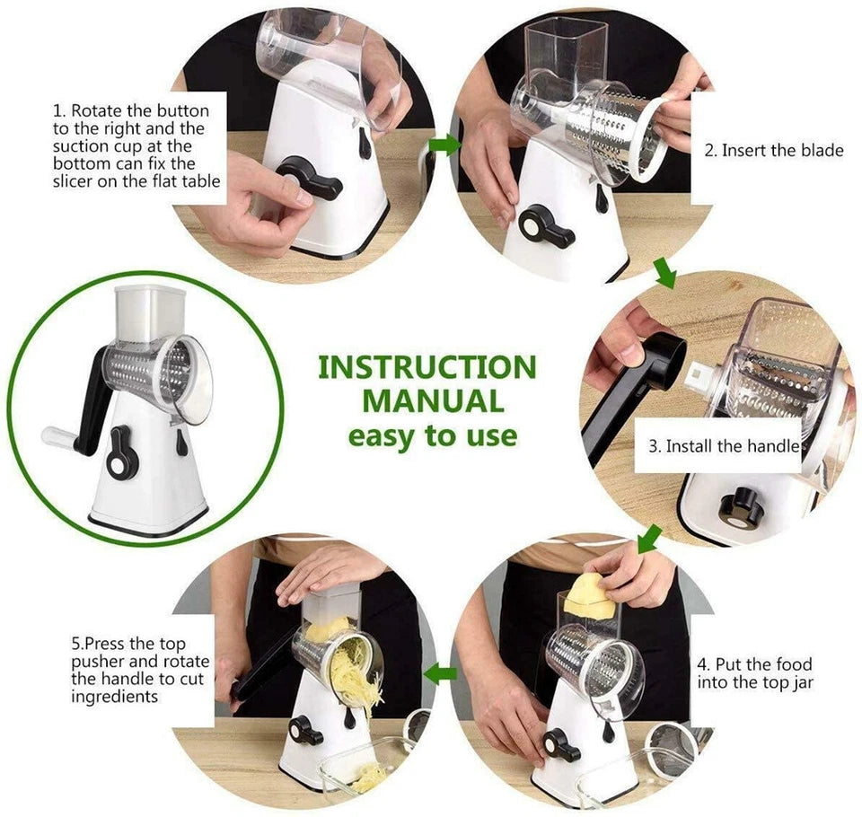 Kitchen Vegetable Food Slicer | Manual Rotary Drum Grater Chopper Slicer Fruit Cutter | Three Drum Blade | Safe Design