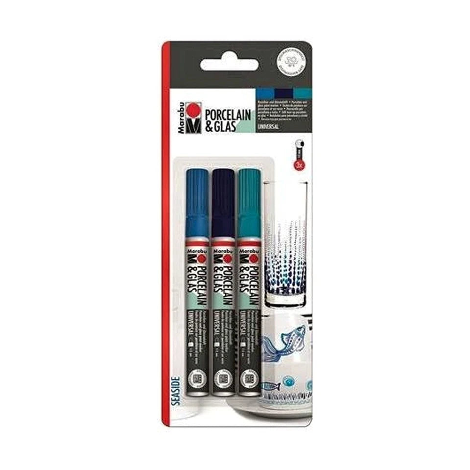 2x 3pc Marabu Art/Craft Porcelain & Glass Painter Marker Set Seaside