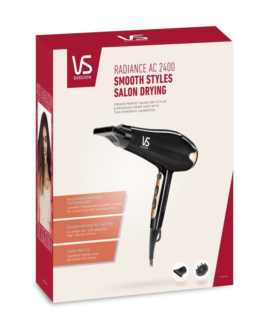 VS Sassoon Radiance AC 2400 Hair Dryer | Six Control Settings | 2400 Watts | Ceramic Heat Technology
